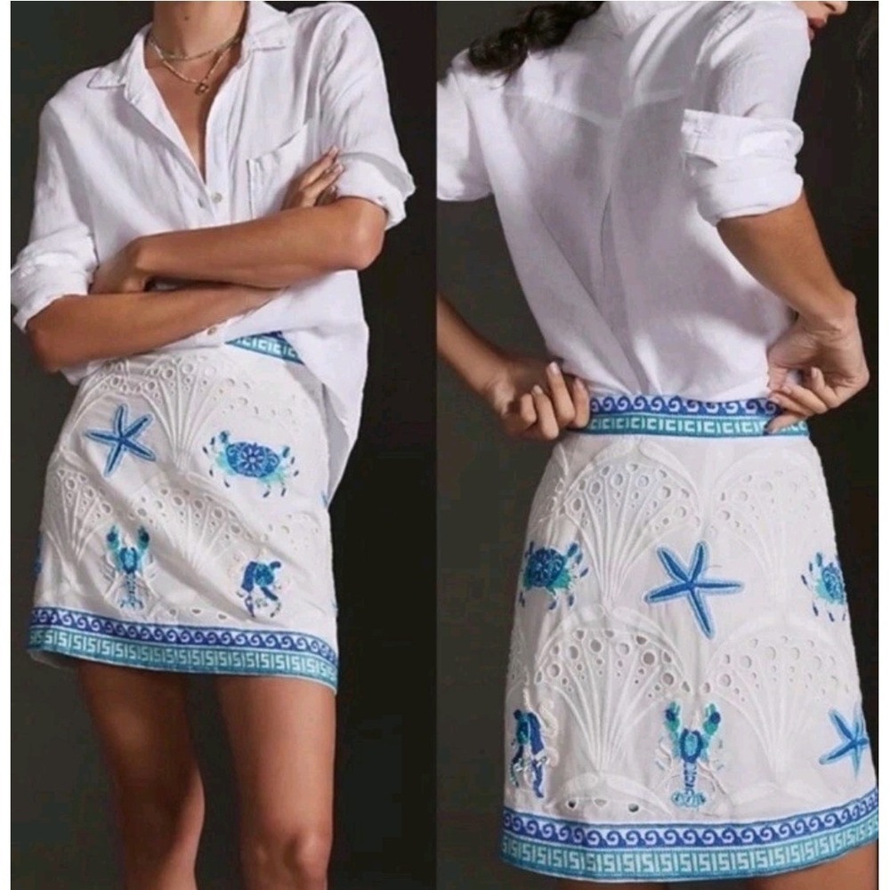 Maeve Anthropologie White Skirt 8 Ocean Animal Nautical Embroidered Bead Eyelet - Picture 2 of 11